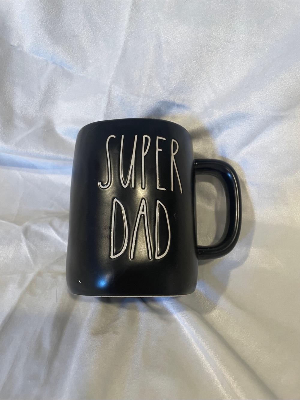 Rae Dunn Black Ceramic Mug with White "SUPER DAD" Lettering